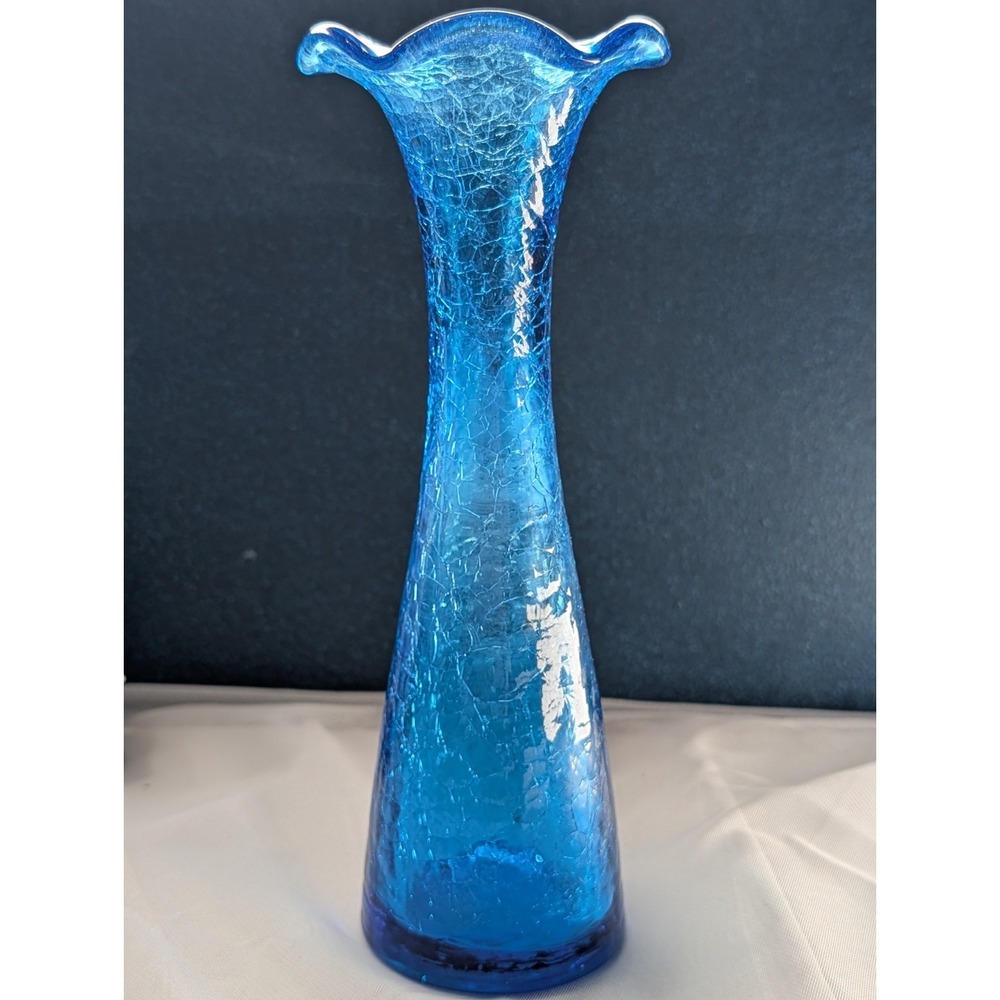 Mid Century Blue Crackle Glass Vase | Ruffled Tri Corner Blown Glass